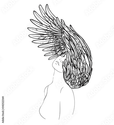 Woman with wings. body line art illustration. Minimalist people icon. Nude woman silhouettes for hygiene, health and body care.