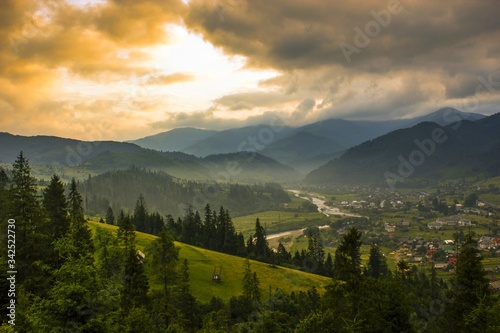 panoramic summer sunset  landscape  gorgeous evening view on mountains at sundown sunlight  splendid colorful nature image  Europe travel  Carpathians  Ukraine