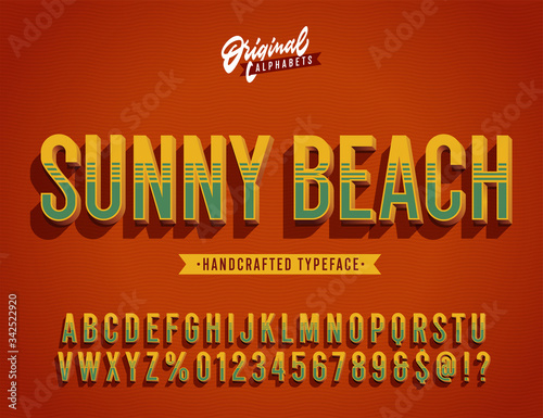 Sunny Beach. Vintage 3d Summer Styled Alphabet. Retro Typeface with Good Vibes, Salty taste and the Smell of the Ocean.