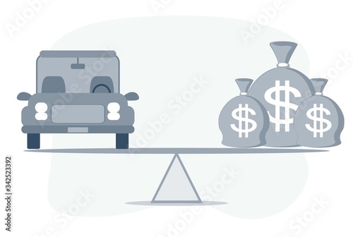Car, Auto loan or transforming assets into cash concept. Car model, US dollar notes in jute bags on simple balance scale, depicts car owner or borrower turns personal properties into cash or wealth.