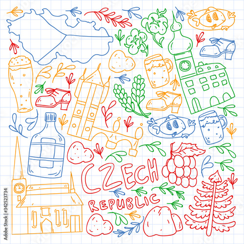 Vector icons and symbols. Czech Republic illustrations for banners, posters, background.