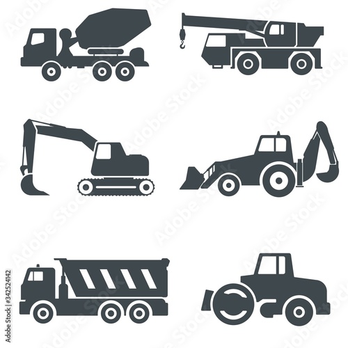 Heavy equipment. Construction machinery vector icons set. Concrete mixer, telescopic crane, excavator, backhoe digger, dump truck and compactor.