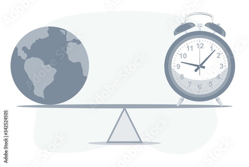 Balance of time - daily life balance concept. depicts the important of time and life on earth. Vector flat design illustration.