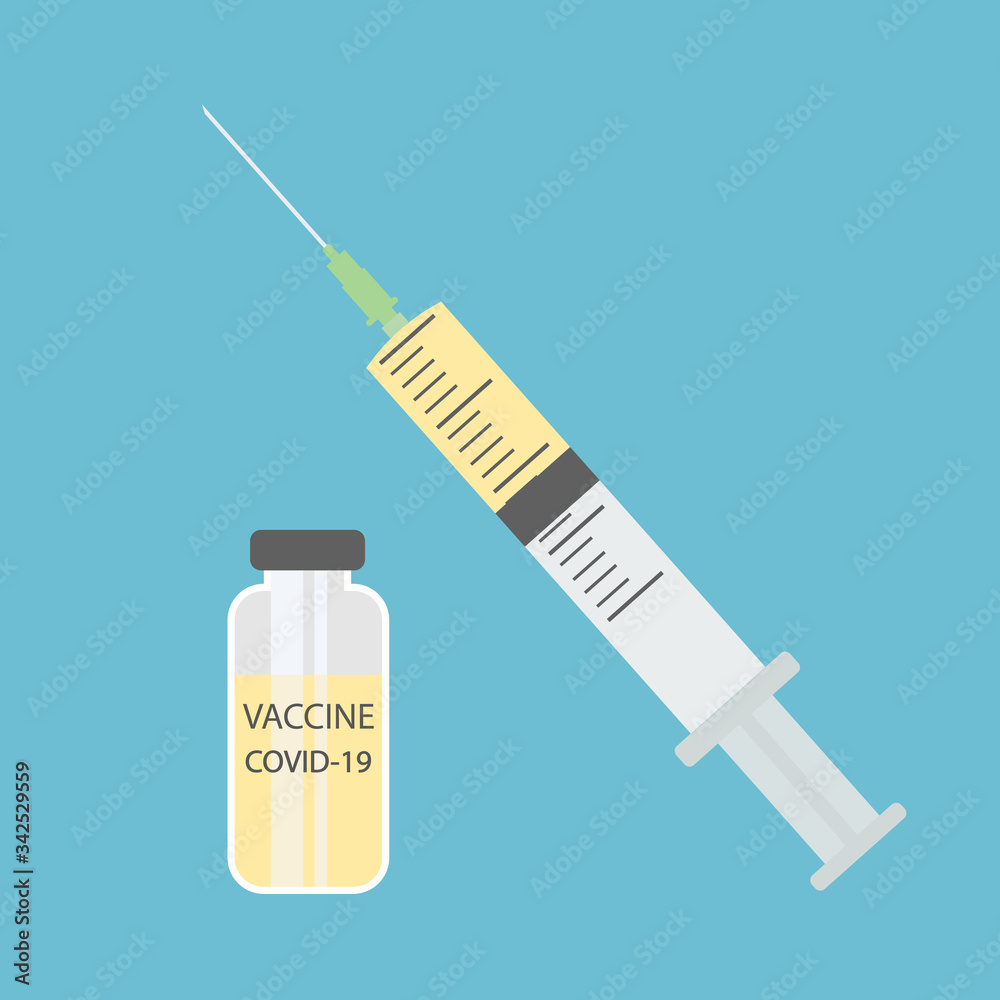 Illustration of a medical syringe and vaccine bottle set isolated on The protective vaccine concept on a blue background Illustration of a medical syringe and vaccine bottle set isolated on The protective vaccine concept on a blue background