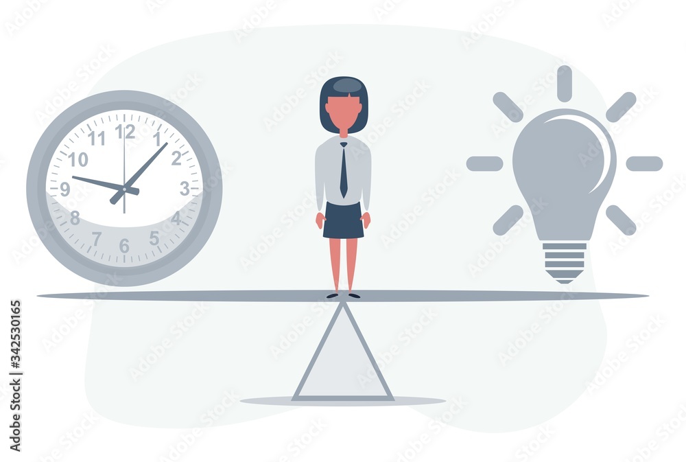 Woman standing on seesaw between clock and Lightbulb. Vector flat design illustration. Woman standing on seesaw between clock and Lightbulb. Vector flat design illustration.