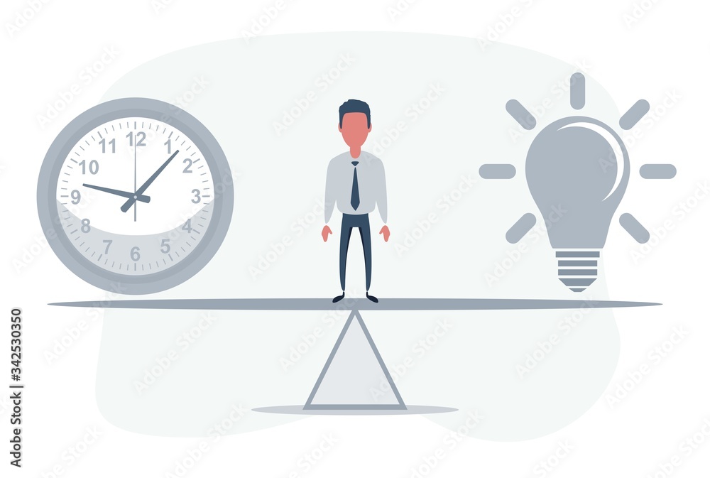Man standing on seesaw between clock and Lightbulb. Vector flat design illustration.