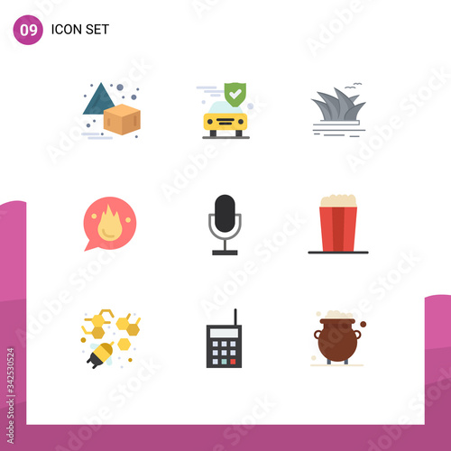 Pack of 9 Modern Flat Colors Signs and Symbols for Web Print Media such as audio, motivation, culture, education, chat photo