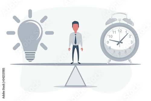 Man standing on seesaw between clock and Lightbulb. Vector flat design illustration.