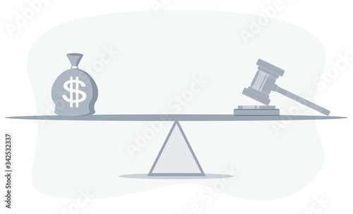 Bag of money with a dollar sign and a judge's hammer on the scales. Concept lobbying for the adoption of a law or a norms, corruption. Payment of fines and penalties. award of compensation for damage