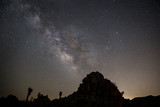 milky way galaxy above desert rock formations in Joshua Tree National Park, California