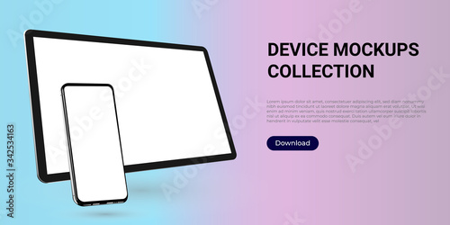 Realistic template mock up of a digital tablet and a smartphone for web design, webpages, banners, landings, presentations.