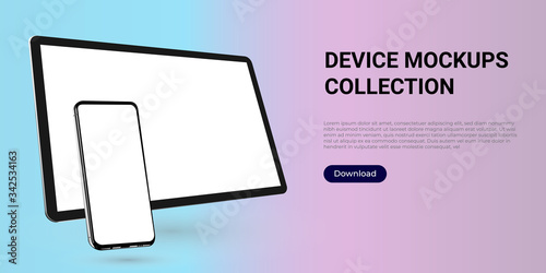 Realistic template mock up of a digital tablet and a smartphone for web design, webpages, banners, landings, presentations. photo