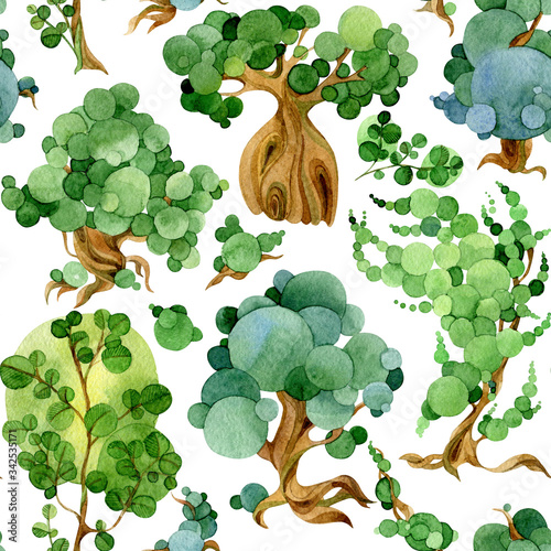 Watercolor fairy trees seamless pattern. Isolated on white background. 