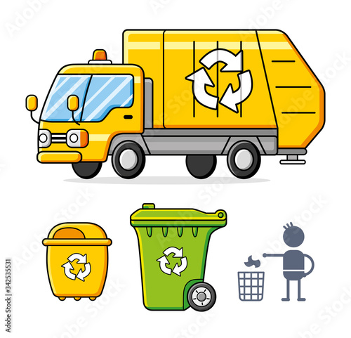 Garbage truck, recycling wheelie trash dumpsters, dust bin sign icon isolated. Waste management vector set. © ghrzuzudu