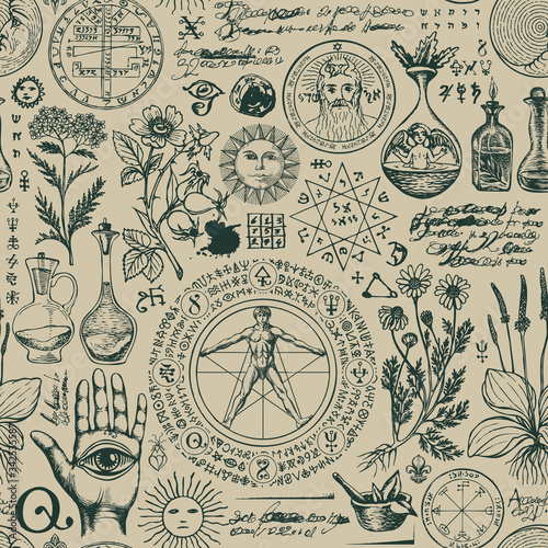 Vector seamless pattern on the theme of alchemy and healing in retro style. A repeatable background with hand-drawn sketches, unreadable notes, various herbs and ancient alchemical symbols