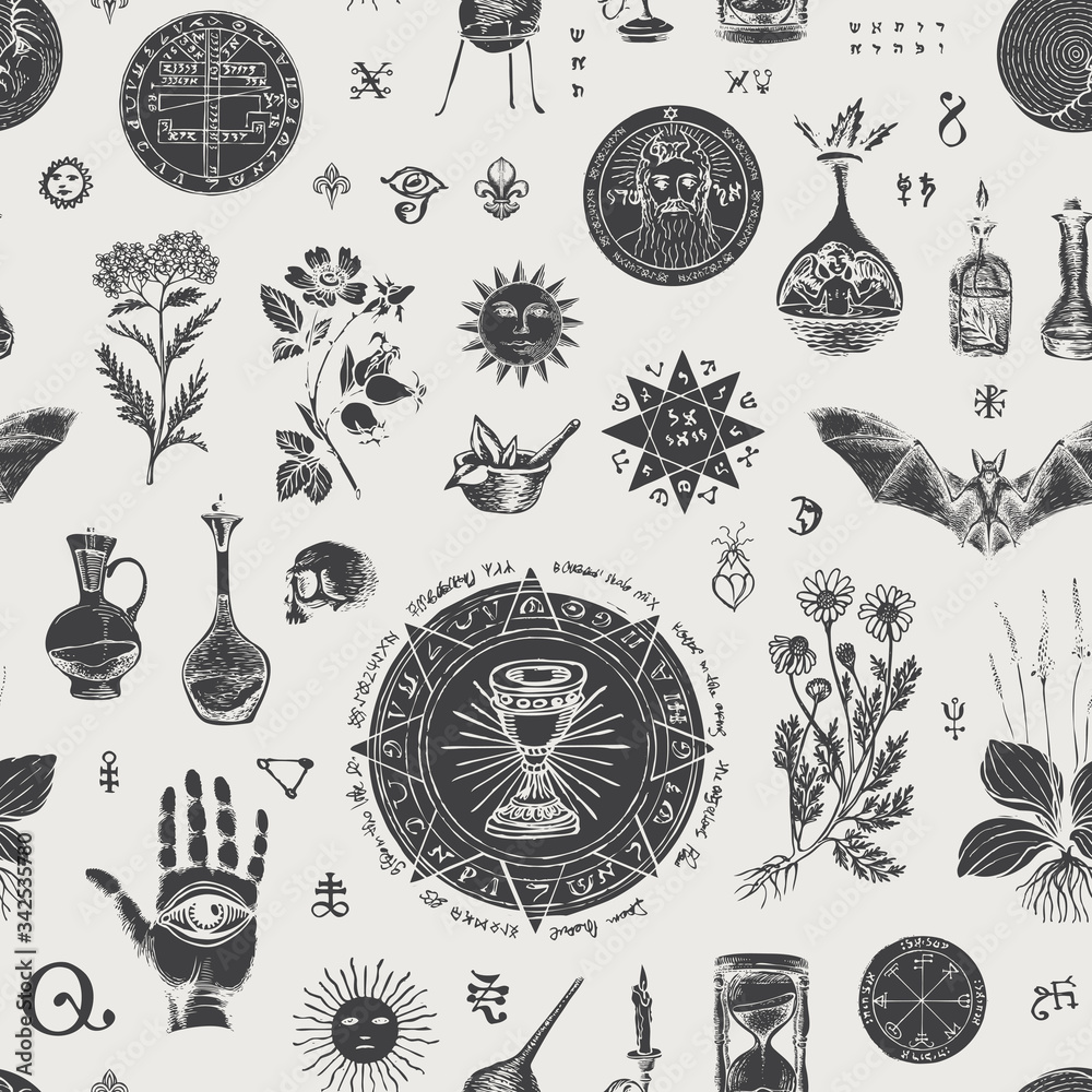 Naklejka Vector seamless pattern on the theme of alchemy and healing in retro style. Abstract, background with hand-drawn sketches, various herbs and old alchemical and medical symbols, blots.