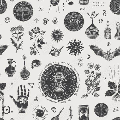 Vector seamless pattern on the theme of alchemy and healing in retro style. Abstract, background with hand-drawn sketches, various herbs and old alchemical and medical symbols, blots.