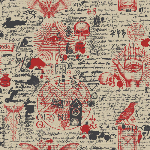 Vector seamless pattern on a theme of freemasonry and occultism in retro style. Abstract background with red hand-drawn sketches, blood drops and scribbles imitating text on the old newspaper backdrop