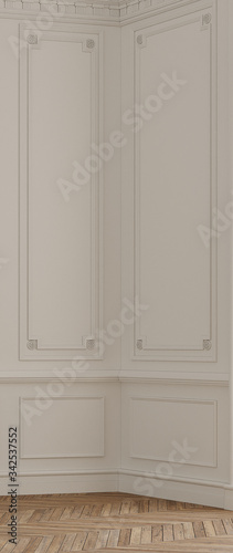 Empty, bright white colored wall with decoration. 3d rendering.
