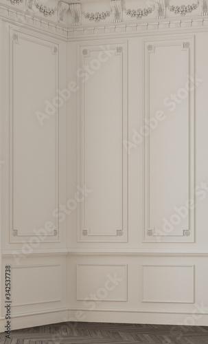 Empty, bright white colored wall with decoration. 3d rendering.