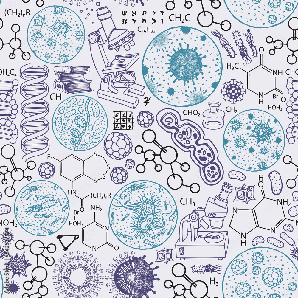 Vector seamless pattern on the theme of chemistry, biology, medicine