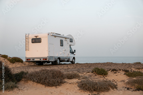 Caravan at beach at sunset in Lanzarote, Canary islands