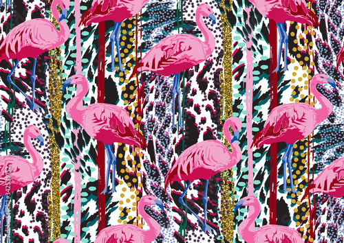Bright seamless pattern with flamingo birds on abstract leopard animal skin design.