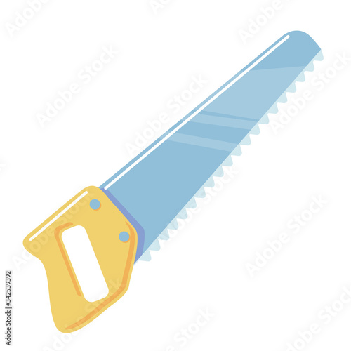 Saw cartoon icon. Flat Handsaw on white background. Hacksaw Vector isolated object Carpentry tool clipart for sawing wood. Simple illustration element