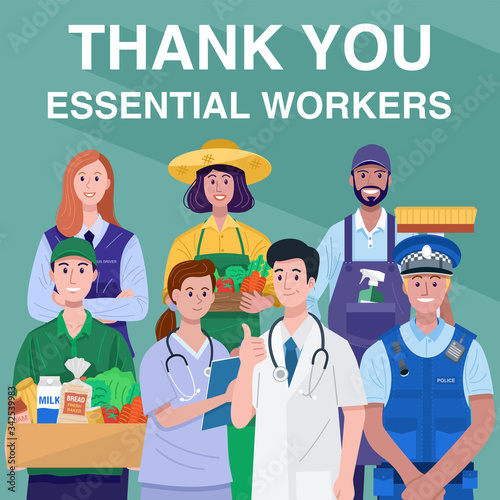 Thank You Essential Workers Concept. Various occupations people. Vector