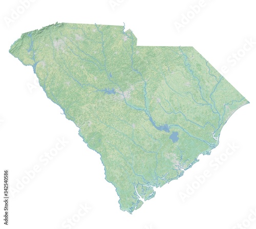High resolution topographic map of South Carolina with land cover, rivers and shaded relief in 1:1.000.000 scale.