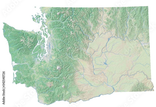 High resolution topographic map of Washington with land cover, rivers and shaded relief in 1:1.000.000 scale.