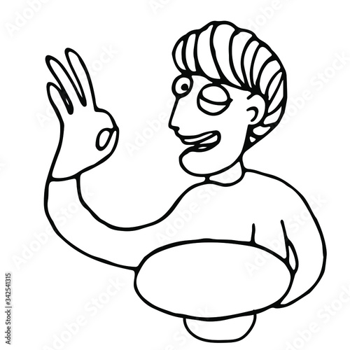 A cheerful guy smiles and shows "Ok" gesture. Friendly freelancer from the back resting from work. Vector doodle illustration on a white background. Remote work on the Internet.