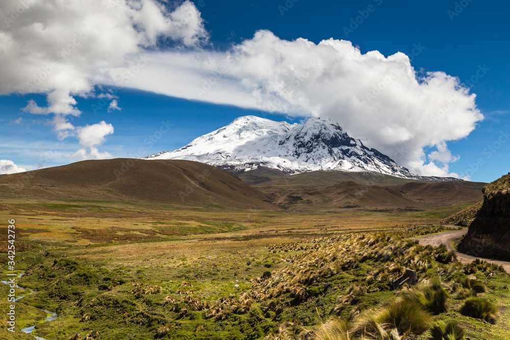 Antisana volcano, mountain with snow and glaciers in the middle of an Andean landscape