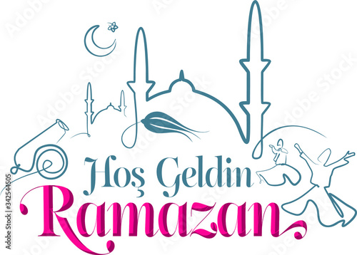 Ramadan Month greeting card with islamic elements silhouette and calligraphy lettering text Welcolme Ramadan.