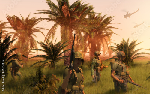 Fototapet American air assault light mobile infantry on patrol