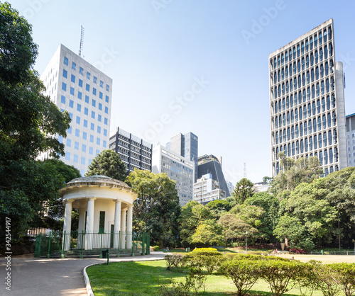 Partial view of the Trianon park in Sao Paulo with the buildings on Avenida Paulista in the background.