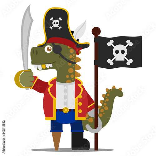 Reckless dinosaur pirate with a saber and a claw holding a black pirate flag. Cartoon style. Vector illustration. Flat design style.