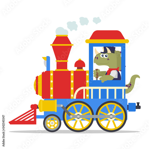 Sweet machinist dinosaur driving a colorful vintage locomotive. Cartoon style. Vector illustration. Flat design style.