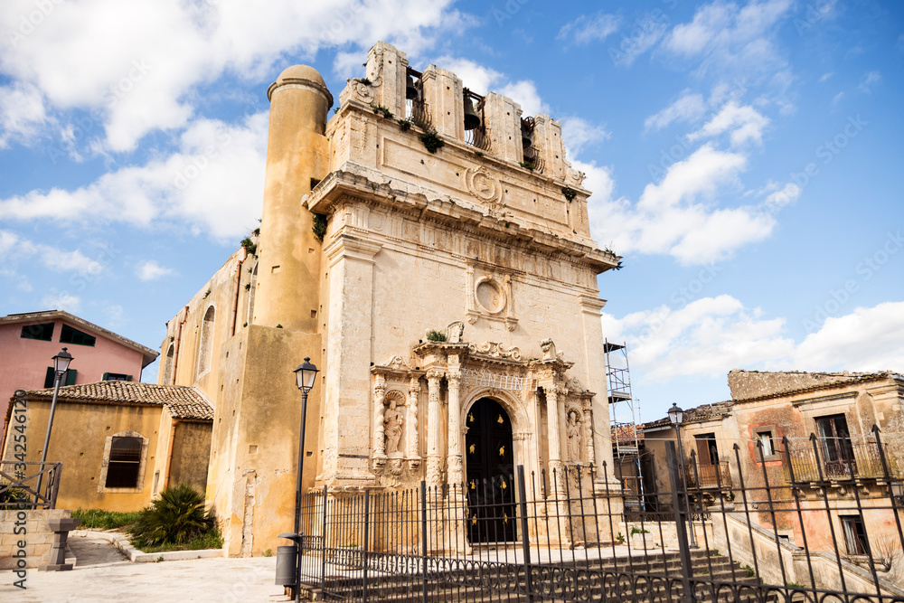 Facade of St. Antonio Abate Church in Cassaro, Province of Syracuse, Italy.