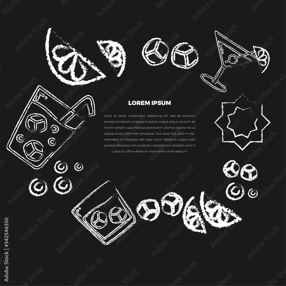 Concept with alcohol bar symbols. Alcohol glasses vector. Drawn free hand on a chalk board, jagged edges. Martini, champagne, cocktail, margarita, hurricane glass, ice, lemon. Place for text. Concept with alcohol bar symbols. Alcohol glasses vector. Drawn free hand on a chalk board, jagged edges. Martini, champagne, cocktail, margarita, hurricane glass, ice, lemon. Place for text.