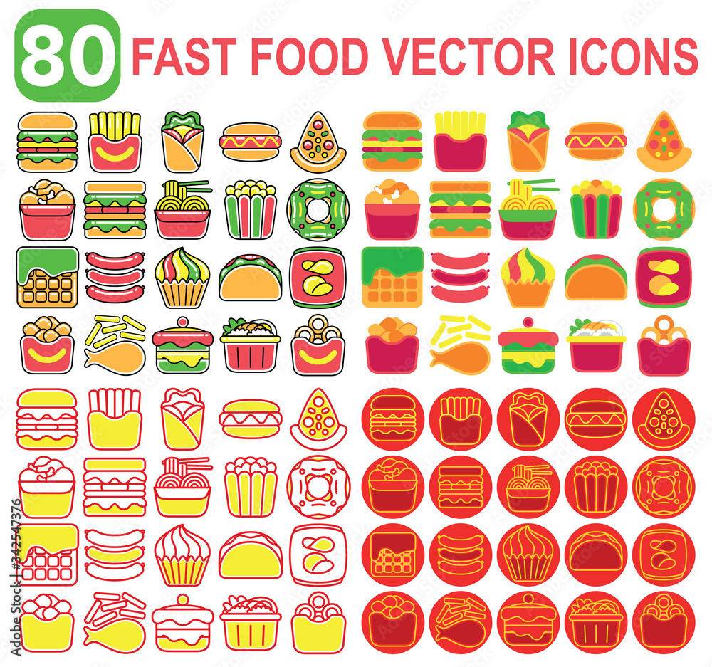 Fast Food vector icons. Fast Food Icons set. Fast Food vector icons. Fast Food Icons set.