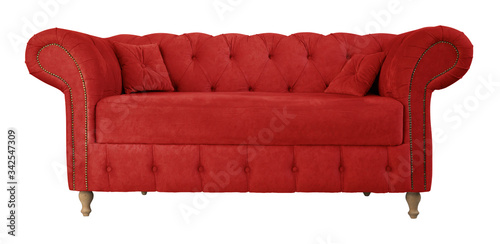 Cuadro en lienzo Red sofa with pillows on wooden legs isolated on white