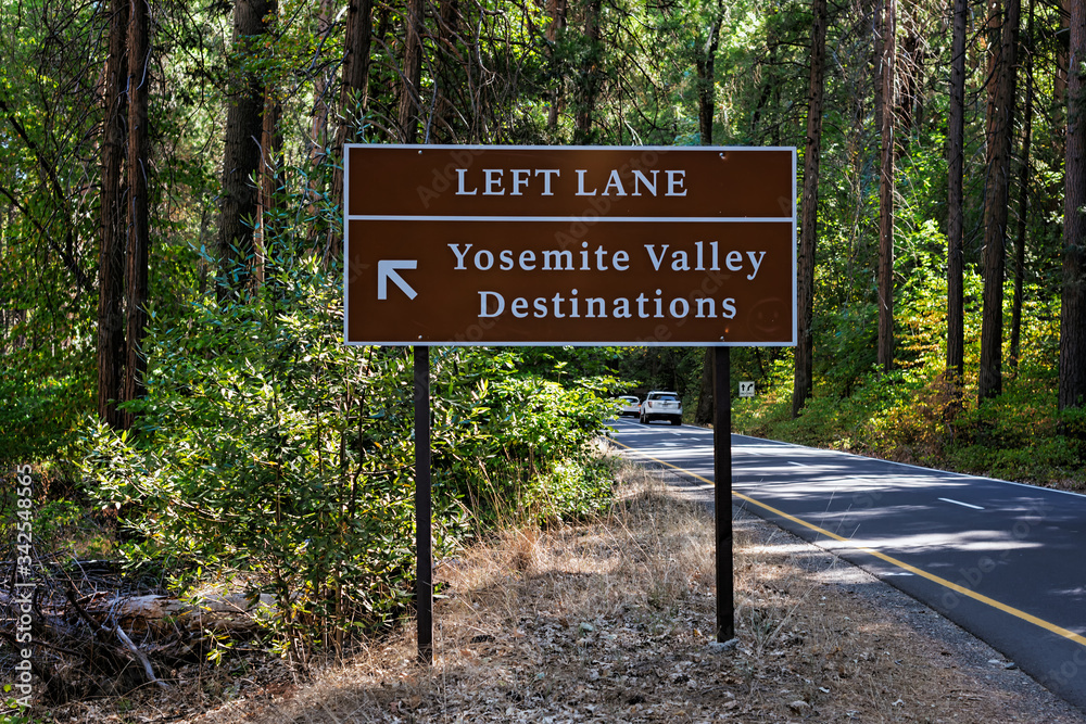 The road sing to Yosemtie Valley in California, USA.