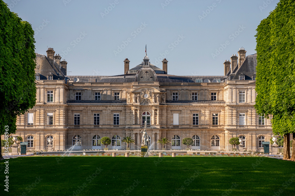 Paris, France - April 23, 2020: Luxembourg Palace and park in Paris, the Jardin du Luxembourg, one of the most beautiful gardens in Paris during lockdown due to covid-19 pandemic
