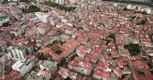 Panoramic view from drone on the city center Pontevedra with embankment of the river Rio Lerez. Galicia. Spain photo