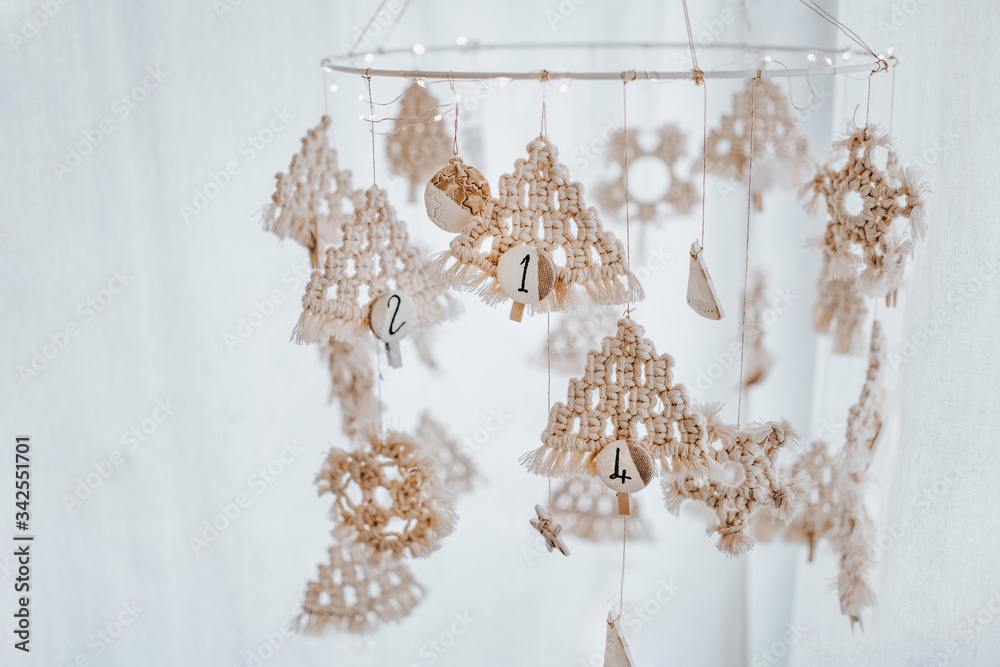 Advent calendar, white Christmas decor stars. Handmade macrame DIY