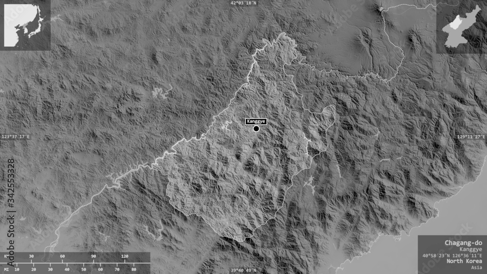 Chagang-do, North Korea - composition. Grayscale