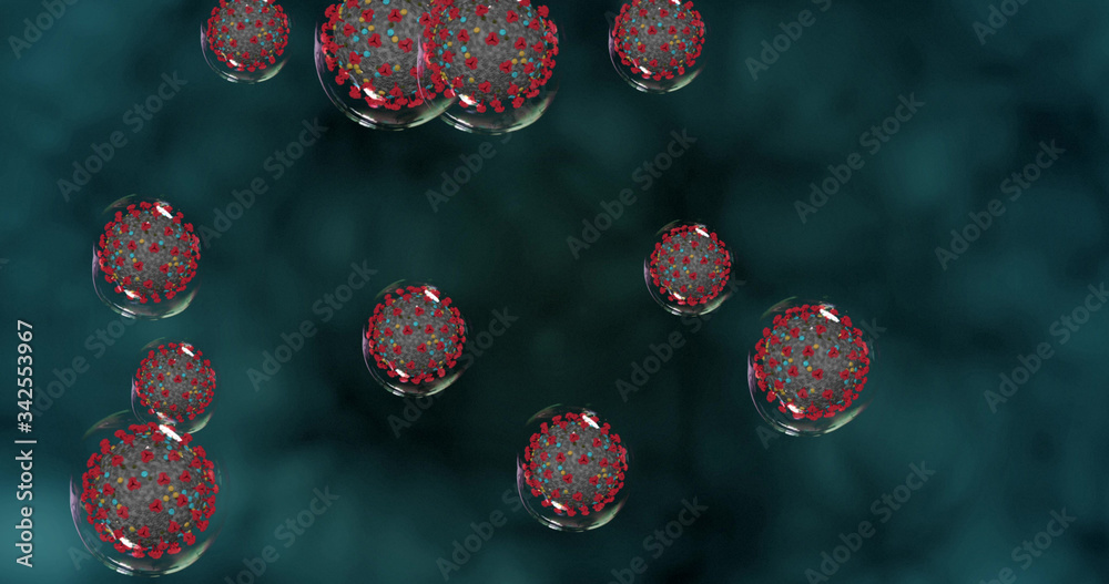 Fototapeta premium Coronavirus cells on blue background . Small droplets with Covid-19 spread pathogens. 3D rendering 3D illustration