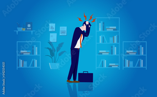 Work migraine - Overworked man standing in office holding his head in pain. Headache, stress, sick and depression concept. Vector illustration.