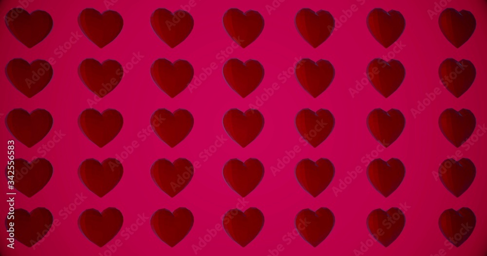 Romantic pattern with polygonal red hearts. For Valentine's Day event. Loop animation 4k. 3D rendering 3D illustration Romantic pattern with polygonal red hearts. For Valentine's Day event. Loop animation 4k. 3D rendering 3D illustration